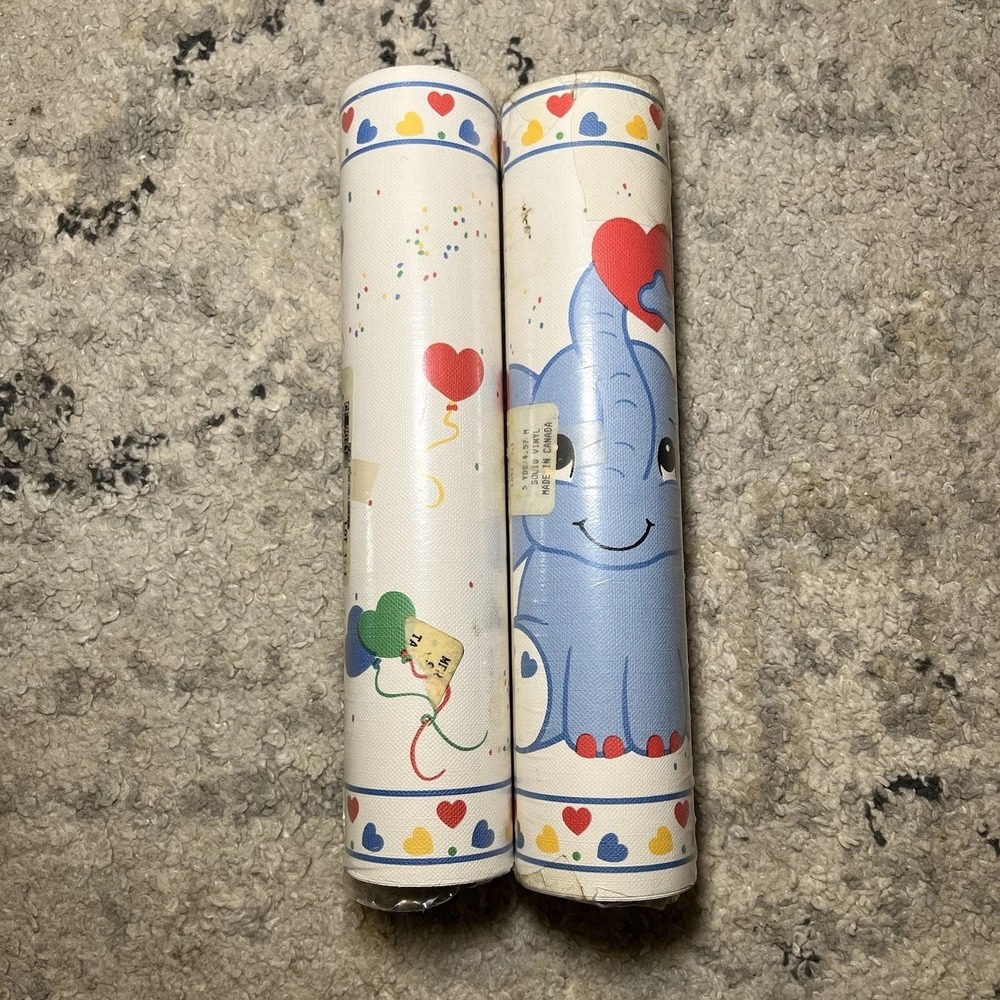 VTG Sealed Elephant Heart Vinyl Border Wallpaper 2 Rolls 5 yds ea Baby Decor NOS